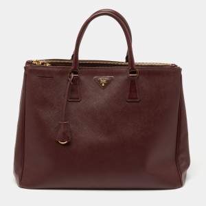Pre Owned  Prada Dark Red Saffiano Lux Leather Executive Double Zip Tote