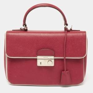 Pre Owned Prada Red/White  Saffiano Lux Leather Sound Top Handle Bag