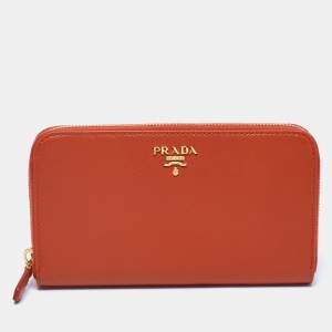 Pre Owned Prada Orange Saffiano Leather Zip Around Continental Wallet