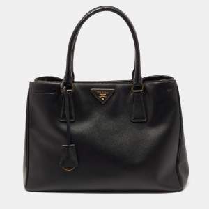 Pre Owned Prada Black Saffiano Leather Medium Galleria Double Zip Tote
