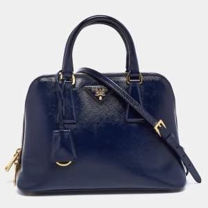 Pre Owned Prada Navy Blue Saffiano Patent Leather Small Promenade Satchel