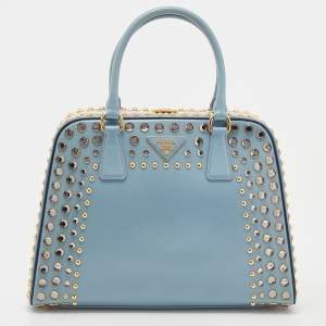 Pre Owned Prada Blue Saffiano Vernice Leather Crystal Pyramid Frame Satchel
