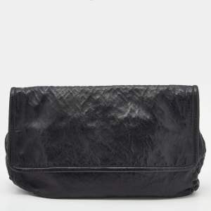 Pre Owned Prada Black Crackled Leather Oversized Flap Clutch