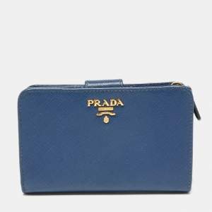 Pre Owned Prada Blue Saffiano Metal Leather Flap French Wallet