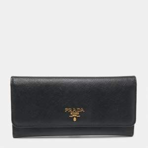 Pre Owned Prada Black Saffiano Metal Leather Logo Flap Continental Wallet