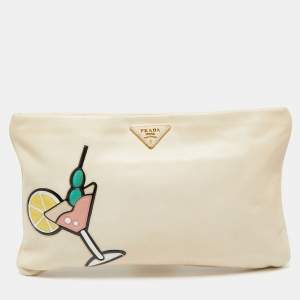 Pre Owned Prada Cream Leather Martini Glass Clutch