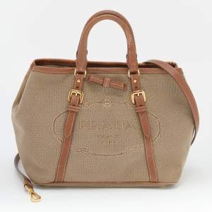 Pre Owned Prada Beige/Brown Canvas and Leather Tote