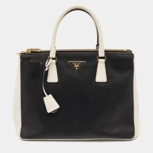 Pre Owned Prada White/Black Saffiano Lux Leather Medium Double Zip Tote