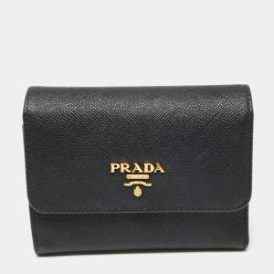 Pre Owned Prada Black Saffiano Metal Leather Logo Compact Wallet