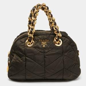 Pre Owned Prada Moss Green Quilted Nylon Chain Satchel