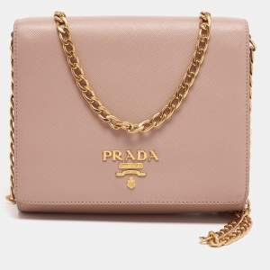 Pre Owned Prada Beige Saffiano Lux Leather Flap Chain Clutch