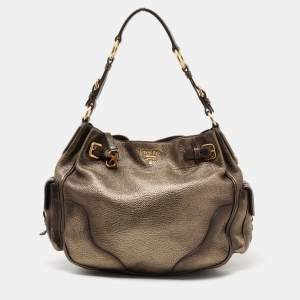 Pre Owned Prada Metallic Moss Vitello Daino Leather Side Pocket Hobo