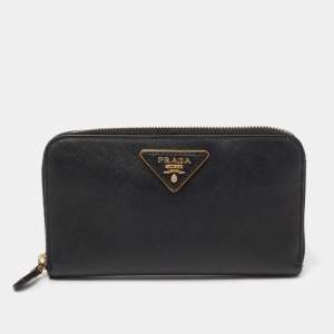 Pre Owned Prada Black Saffiano Leather Zip Around Wallets