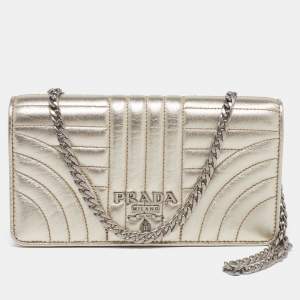 Pre Owned Prada Gold Quilted Leather Diagramme Impunture Wallet On Chain
