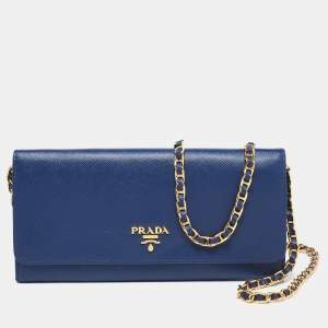 Pre Owned Prada Navy Blue Saffiano Metal Leather Logo Wallet on Chain 