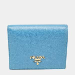 Pre Owned Prada Light Blue Saffiano Metal Leather Bifold Card Case