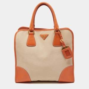 Pre Owned Prada Beige/Orange Canvas and Leather Canapa Tote