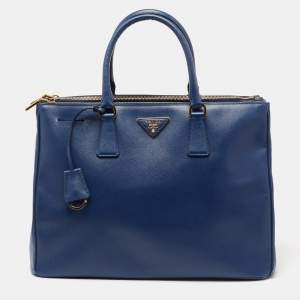 Pre Owned Prada Blue Saffiano Lux Leather Large Galleria Double Zip Tote