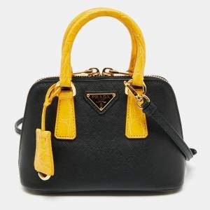 Pre Owned Prada Black/Yellow Saffiano Leather and Croc Mini Promenade Crossbody Bag