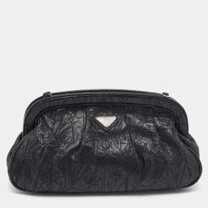 Pre Owned Prada Black Embossed Leather Clutch