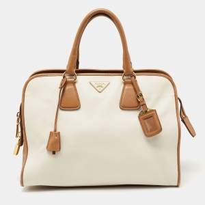 Pre Owned Prada Brown/Off White Saffiano Lux Leather Canapa Tote