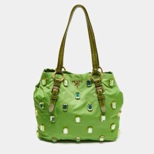 Pre Owned Prada Apple Green Nylon and Patent Leather Jewel Embellished Tote