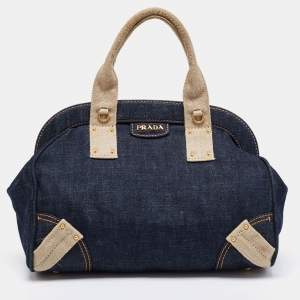 Pre Owned Prada Blue/Beige Denim And Fabric Satchel