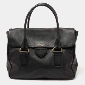 Pre Owned Prada Black Saffiano Leather Flap Satchel
