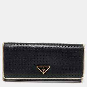 Pre Owned Prada Black/White Perforated Saffiano Leather Flap Continental Wallet