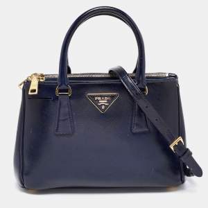 Pre Owned Prada Navy Blue Saffiano Lux Leather Small Double Zip Tote