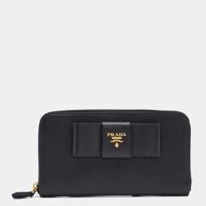Pre Owned Prada Black Saffiano Leather Bow Zip Around Wallet