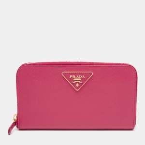 Pre Owned Prada Pink Saffiano Lux Leather Zip Around Wallet