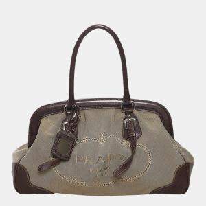Prada Brown/Beige  Canapa Logo Frame Handbag