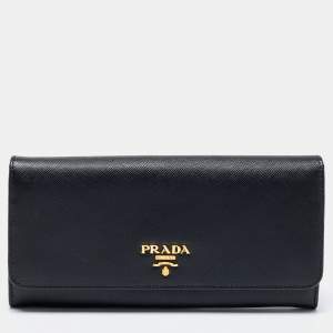 Pre Owned Prada Black Saffiano Leather Continental Flap Wallet