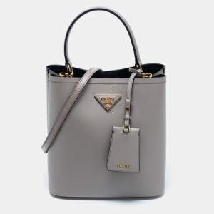 Pre Owned Prada Grey Saffiano Lux Leather Medium Panier Top Handle Bag