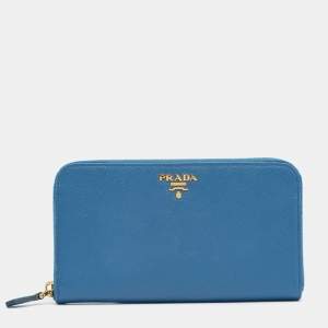 Pre Owned Prada Blue Saffiano Lux Leather Zip Around Wallet