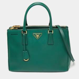 Pre Owned Prada Green Saffiano Lux Leather Medium Double Zip Tote