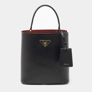 Pre Owned Prada Black Saffiano Lux Leather Medium Panier Top Handle Bag