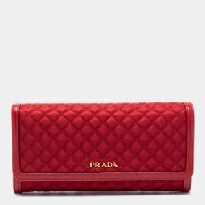 Pre Owned Prada Red Quilted Nylon and Leather Logo Flap Continental Wallet