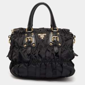 Pre Owned Prada Black Nylon Gaufre Ruched Medium Shopping Bag