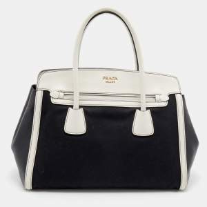Pre Owned Prada Black/White Canvas And Leather Canapa Tote