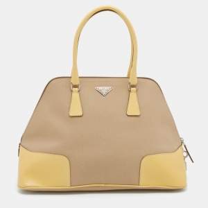 Pre Owned Prada Beige/Yellow Canvas And Leather Satchel