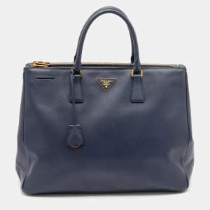 Pre Owned Prada Navy Blue Saffiano Leather Extra Large Double Zip Executive Tote