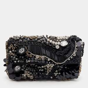 Pre Owned Prada Black Satin Crystal and Sequin Embellished Clutch