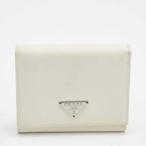 Pre Owned Prada White Saffiano Leather Trifold Wallet
