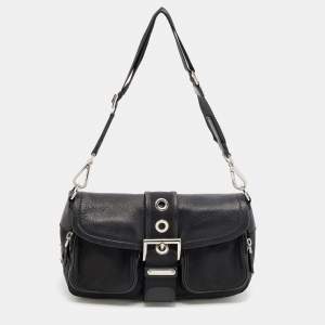 Pre Owned Prada Black Nylon and Leather Buckle Flap Shoulder Bag
