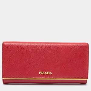 Pre Owned Prada Red Saffiano Leather Metal Bar Flap Continental Wallet