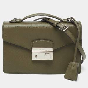 Pre Owned Prada Olive Green Saffiano Lux Leather Mini Sound Top Handle Bag