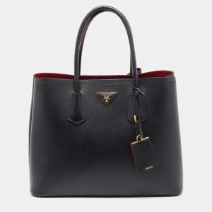 Pre Owned Prada Black Saffiano Cuir Leather Medium Double Handle Tote