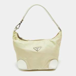 Pre Owned Prada Cream/White Nylon and Leather Baguette Bag